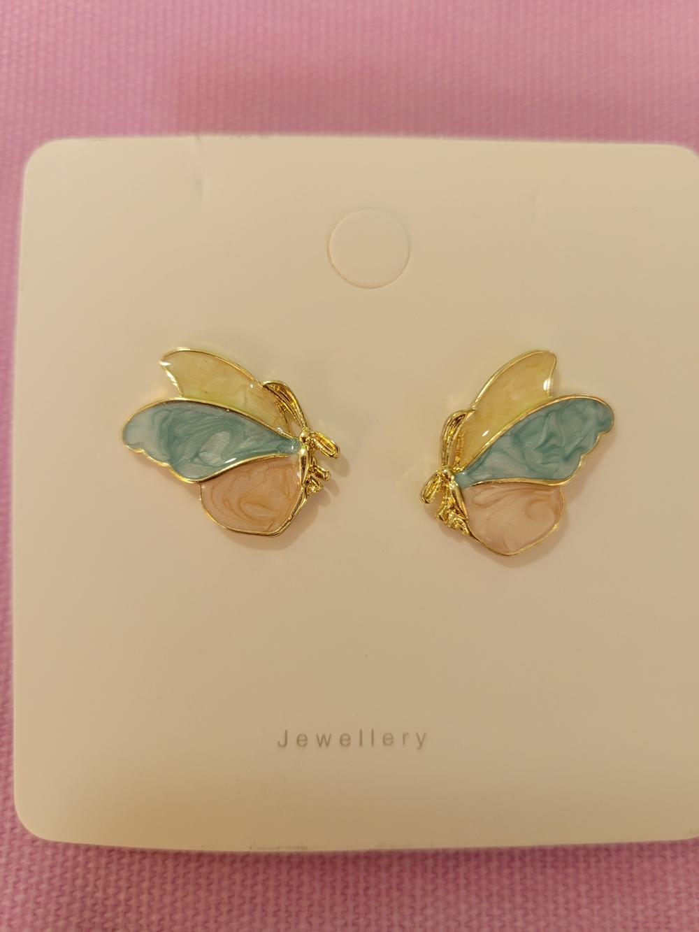 Gold And Enamel Butterfly Stud Earrings in Pastel Blue, Pink & Cream